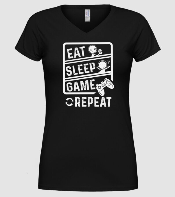 Eat sleep game repeat model negru pe tricou