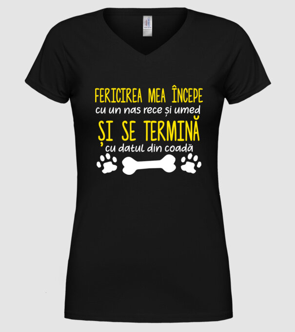 fericirea mea începe cu un nas rece și umed și se termină cu datul din coadă model negru pe tricou