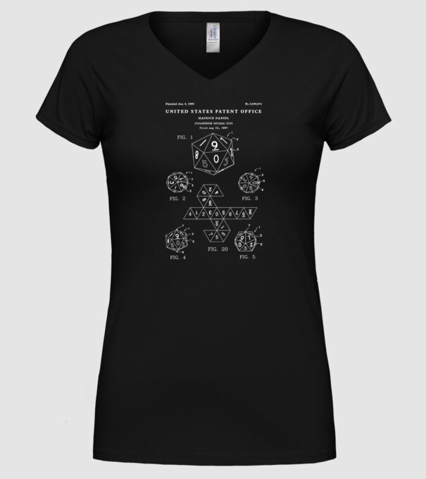 Icosahedron decimal dice patent model negru pe tricou