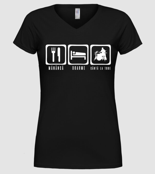 Mănâncă, doarme, cântă la tobe model negru pe tricou