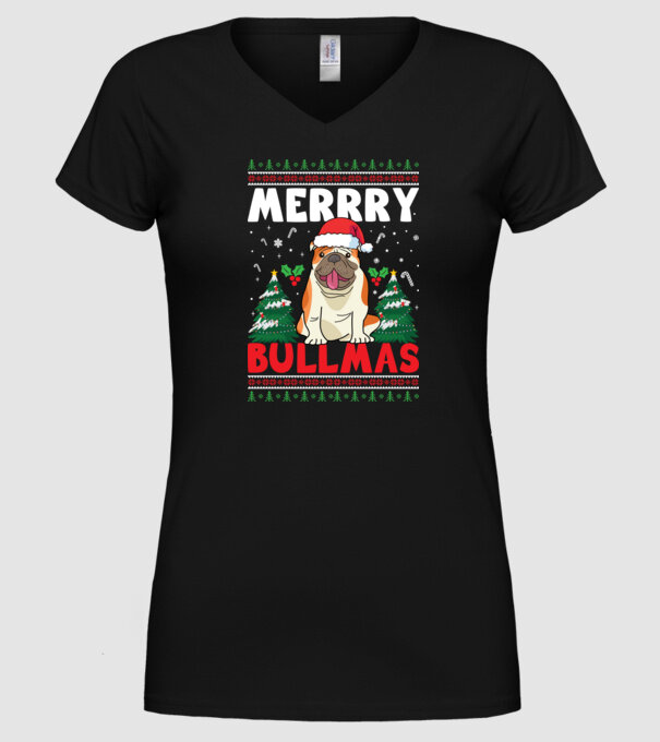 Merry bullmas ugly sweater model negru pe tricou