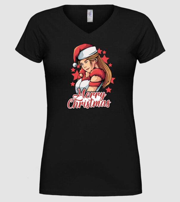 Merry christmas santa girl model negru pe tricou