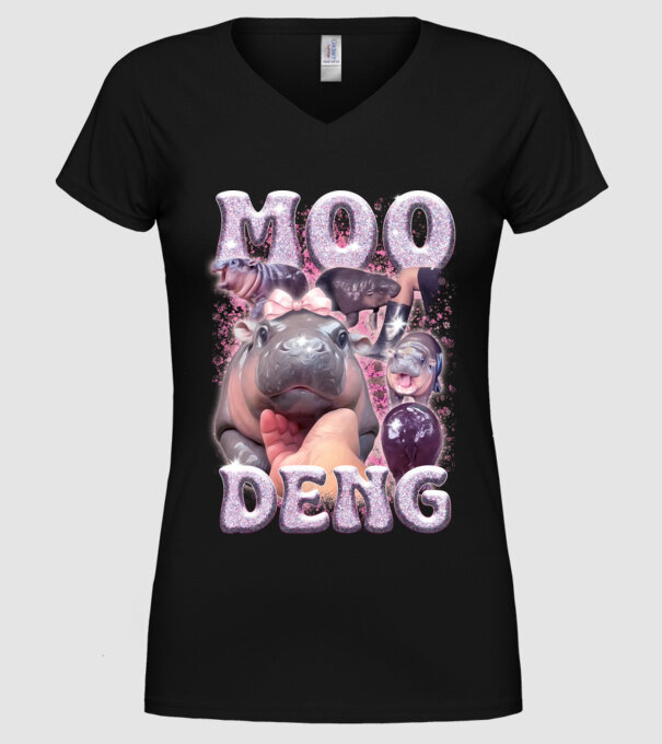 MOO DENG baby hippo model negru pe tricou
