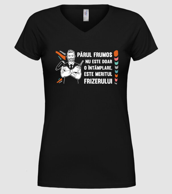 părul frumos nu este doar o întâmplare, este meritul frizerului model negru pe tricou