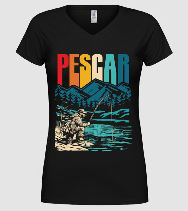 Pescar retro model negru pe tricou