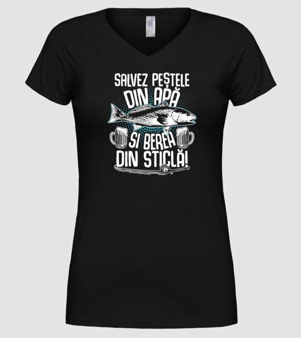 salvez peștele din apă și berea din sticlă model negru pe tricou