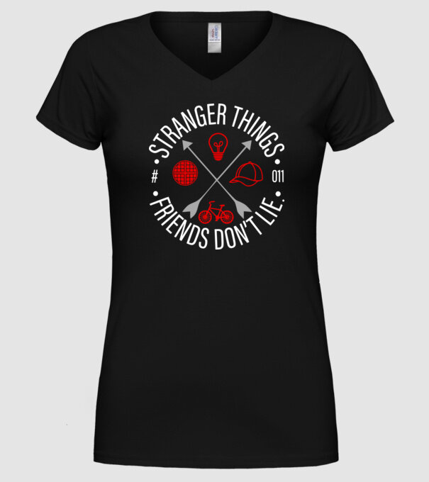 stranger things friends dont lie model negru pe tricou