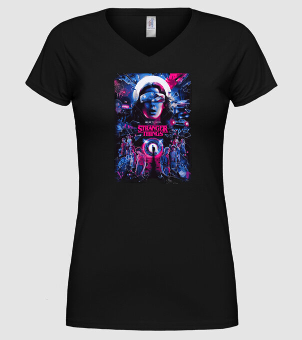 stranger things poster neon model negru pe tricou