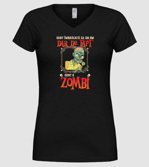 sunt îmbrăcat ca un om, dar de fapt sunt un zombi model negru pe tricou