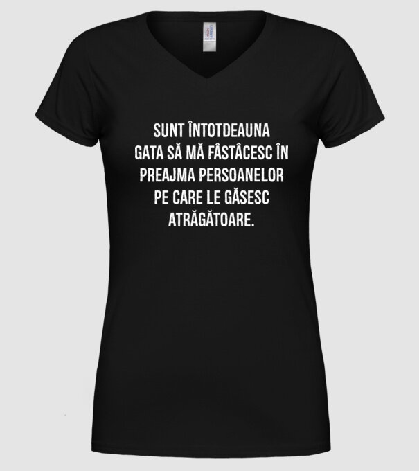 Sunt întotdeauna gata să mă fâstâcesc în preajma persoanelor pe care le găsesc atrăgătoare. model negru pe tricou