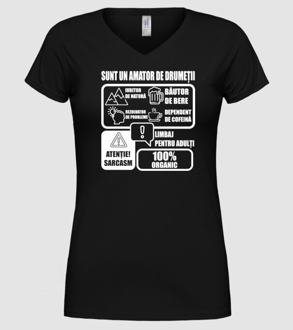 sunt un amator de drumeții - iubitor de natură - rezolvator de probleme - băutor de bere - dependent de cofeină - limbaj pentru model negru pe tricou