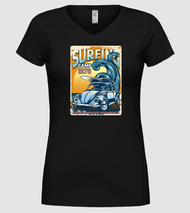Surfer Camp model negru pe tricou