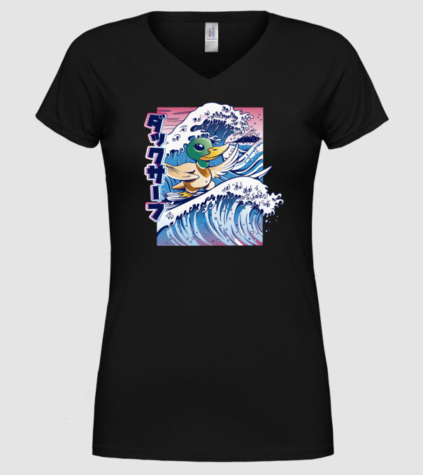 Surfer Duck model negru pe tricou