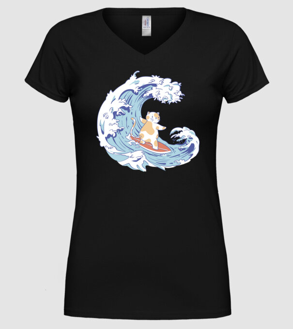 Surfer kitty model negru pe tricou