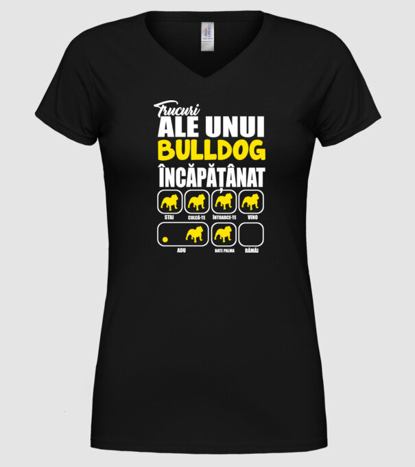 trucuri ale unui bulldog englezesc încăpățânat stai, culcă-te, întoarce-te, vino, adu, bate palma, rămâi model negru pe tricou