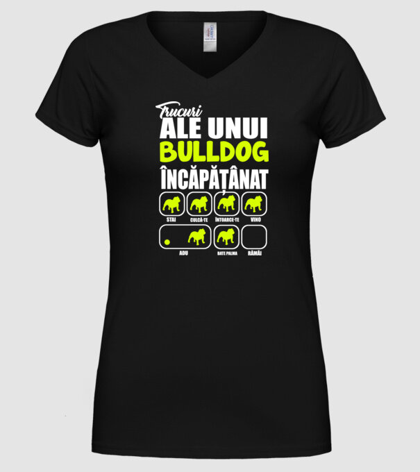 trucuri ale unui bulldog englezesc încăpățânat stai, culcă-te, întoarce-te, vino, adu, bate palma, rămâi model negru pe tricou