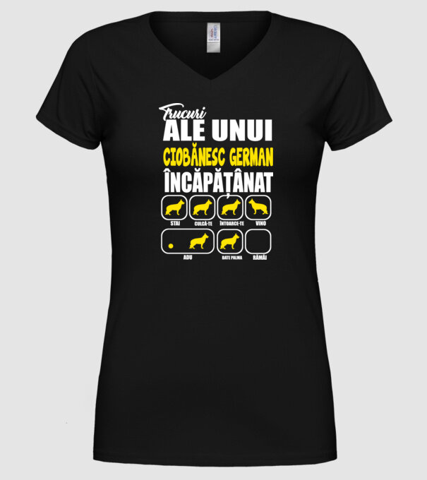 trucuri ale unui ciobănesc german încăpățânat stai, culcă-te, întoarce-te, vino, adu, bate palma, rămâi model negru pe tricou