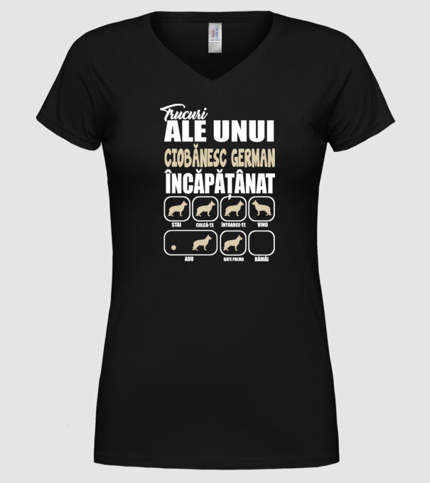 trucuri ale unui ciobănesc german încăpățânat stai, culcă-te, întoarce-te, vino, adu, bate palma, rămâi model negru pe tricou