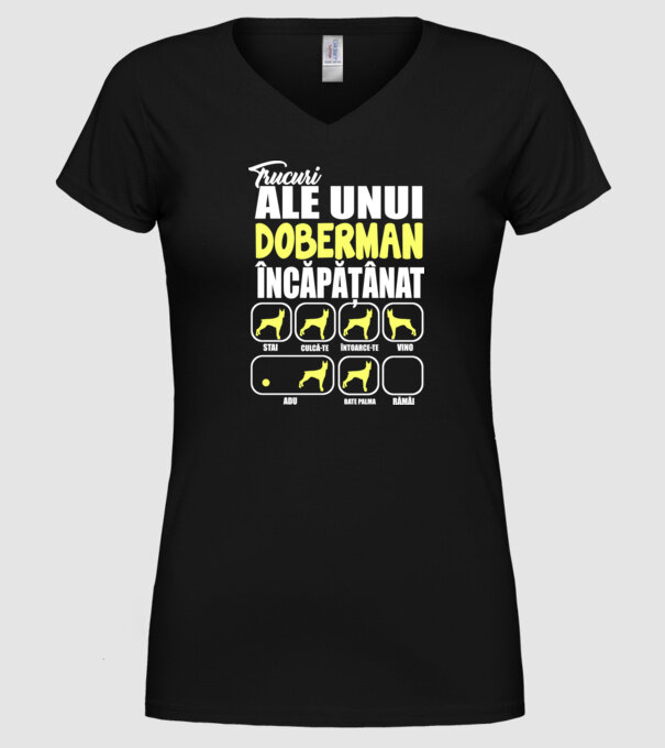 trucuri ale unui doberman încăpățânat stai, culcă-te, întoarce-te, vino, adu, bate palma, rămâi model negru pe tricou