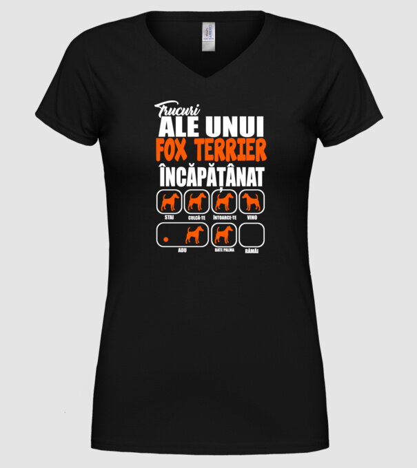 trucuri ale unui fox terrier încăpățânat stai, culcă-te, întoarce-te, vino, adu, bate palma, rămâi model negru pe tricou