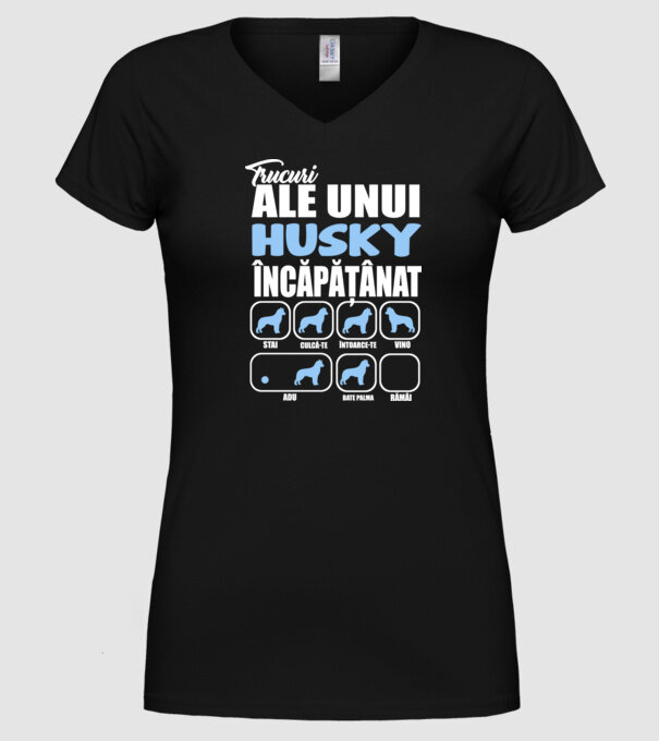 trucuri ale unui husky încăpățânat stai, culcă-te, întoarce-te, vino, adu, bate palma, rămâi model negru pe tricou