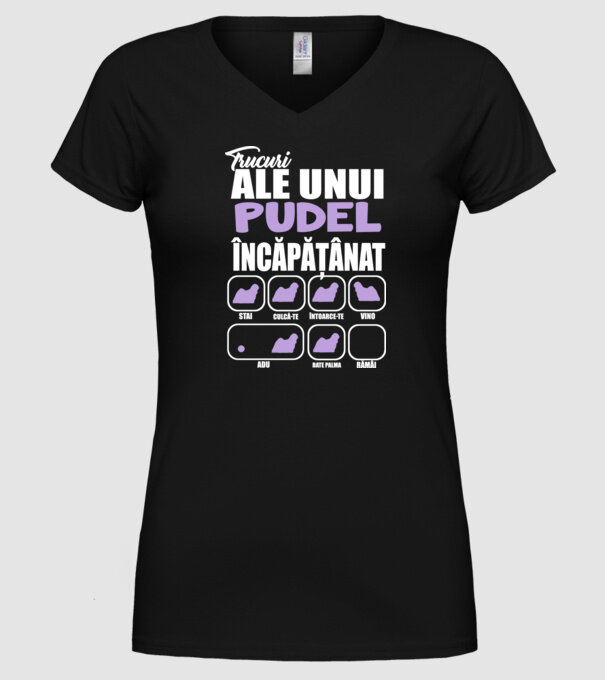 trucuri ale unui pudel încăpățânat stai, culcă-te, întoarce-te, vino, adu, bate palma, rămâi model negru pe tricou