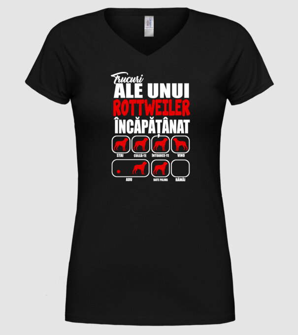 Trucuri ale unui rottweiler încăpățânat stai, culcă-te, întoarce-te, vino, adu, bate palma, rămâi model negru pe tricou