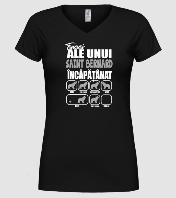 trucuri ale unui Saint Bernard încăpățânat stai, culcă-te, întoarce-te, vino, adu, bate palma, rămâi model negru pe tricou