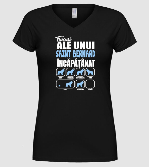 trucuri ale unui Saint Bernard încăpățânat stai, culcă-te, întoarce-te, vino, adu, bate palma, rămâi model negru pe tricou