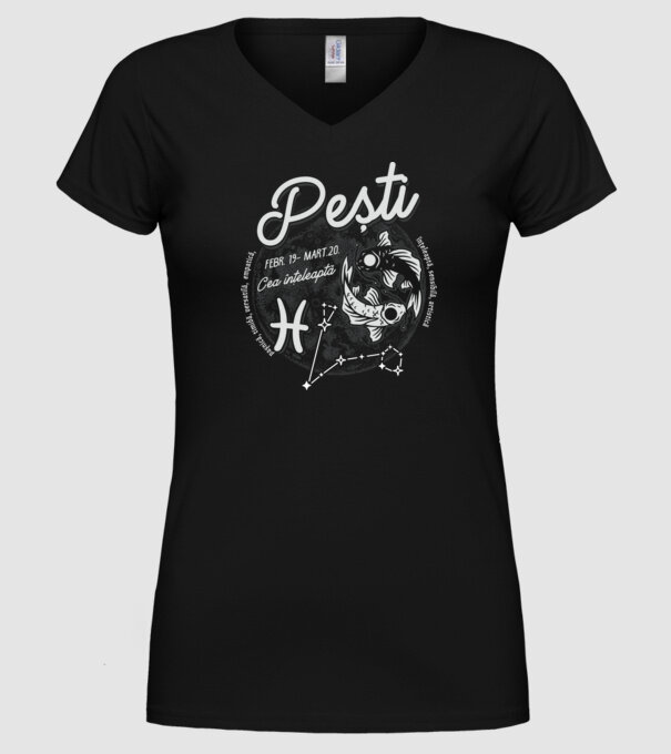 Zodiac femeie PEȘTI retro model negru pe tricou