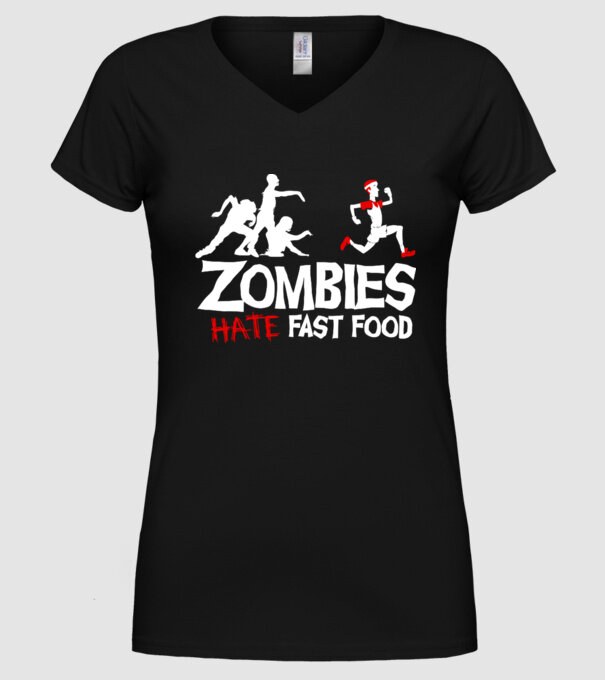 Zombies Hate Fast Food model negru pe tricou