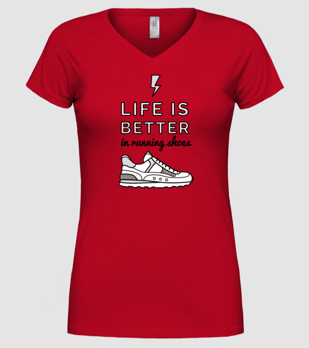 Life is better running shoes model roșu pe tricou