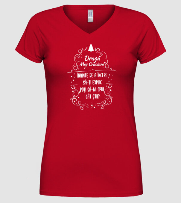 dragă Moș Crăciun! înainte de a începe să-ți explic, poți să-mi spui cât știi? model roșu pe tricou