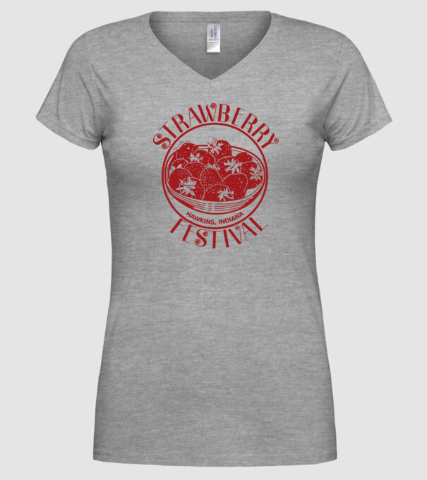 strawberry festival stranger things model gri pe tricou