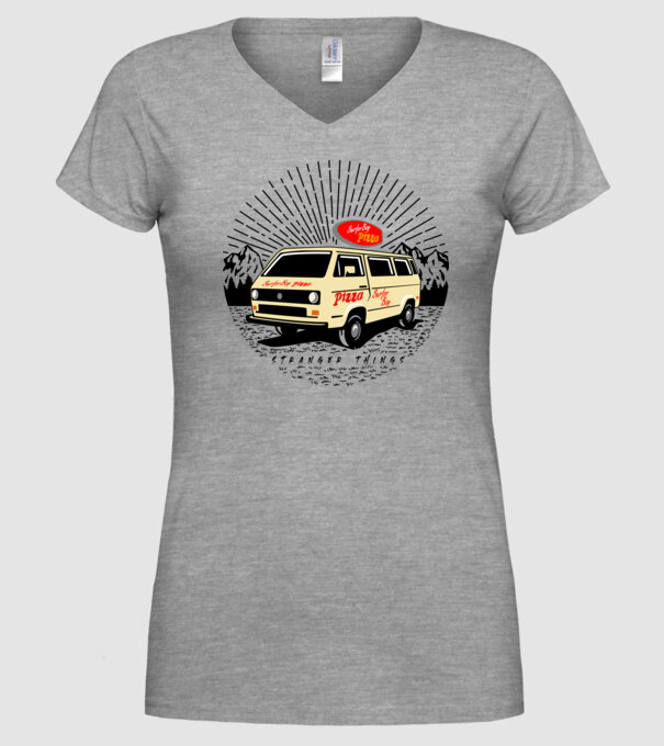 surfer boy pizza bus stranger things model gri pe tricou