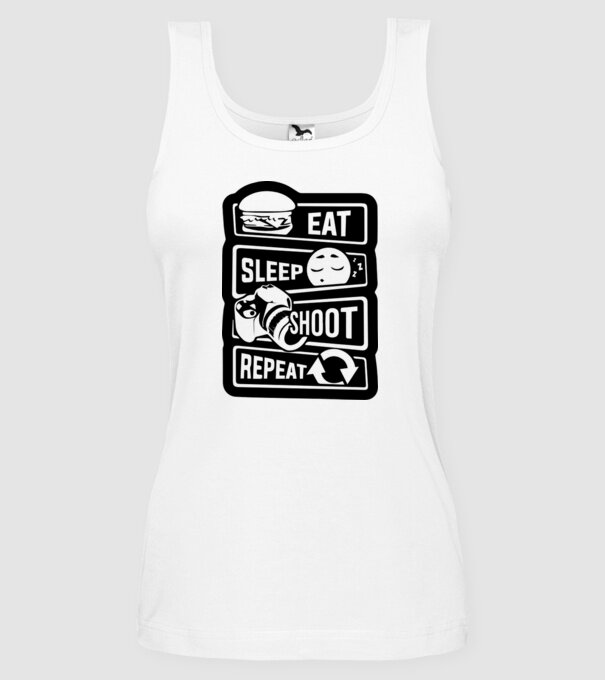 eat sleep shoot repeat model alb pe tricou