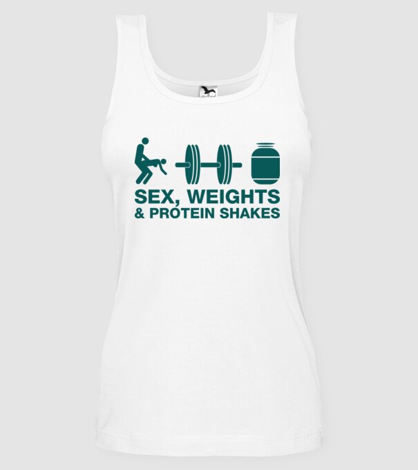 Sex, weights and protein shakes model alb pe tricou