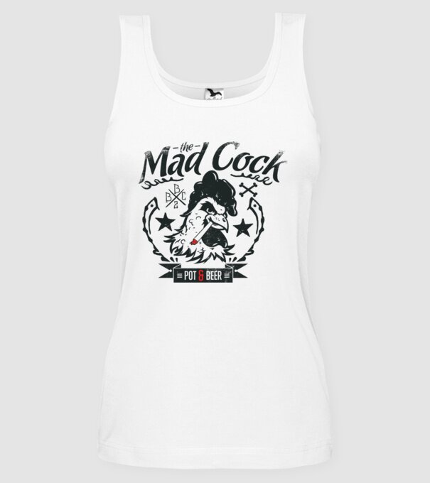 The Mad Cock model alb pe tricou
