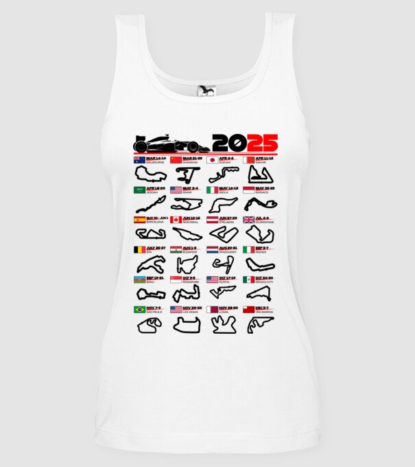 F1 calendar 2025 model alb pe tricou