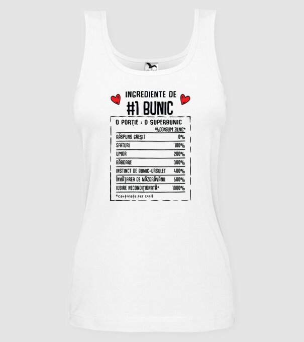 Ingrediente Bunic - o porție : un superbunic - %consum zilnic* răspuns greșit, sfaturi, umor, răbdare, instinct de bunic-ursuleț model alb pe tricou