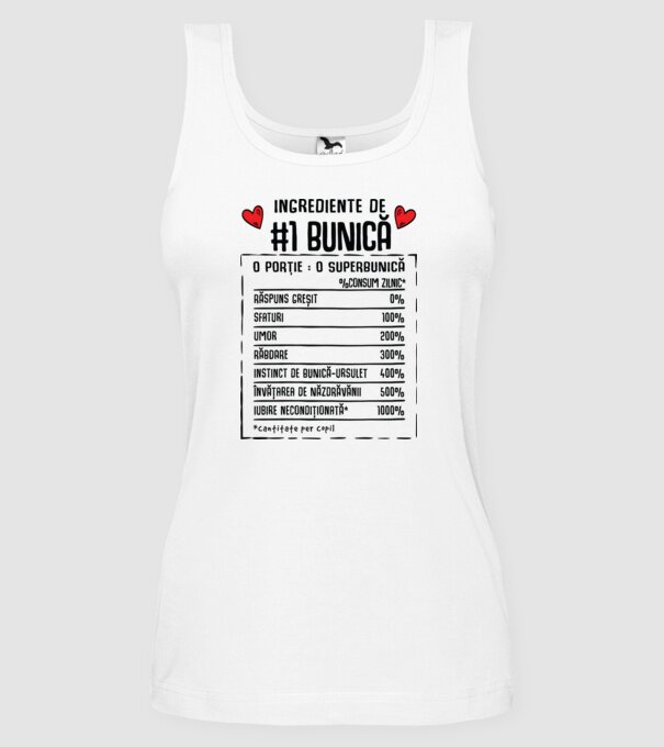 Ingrediente Bunică - o porție : o superbunică - %consum zilnic* răspuns greșit, sfaturi, umor, răbdare, instinct de bunică-ursul model alb pe tricou
