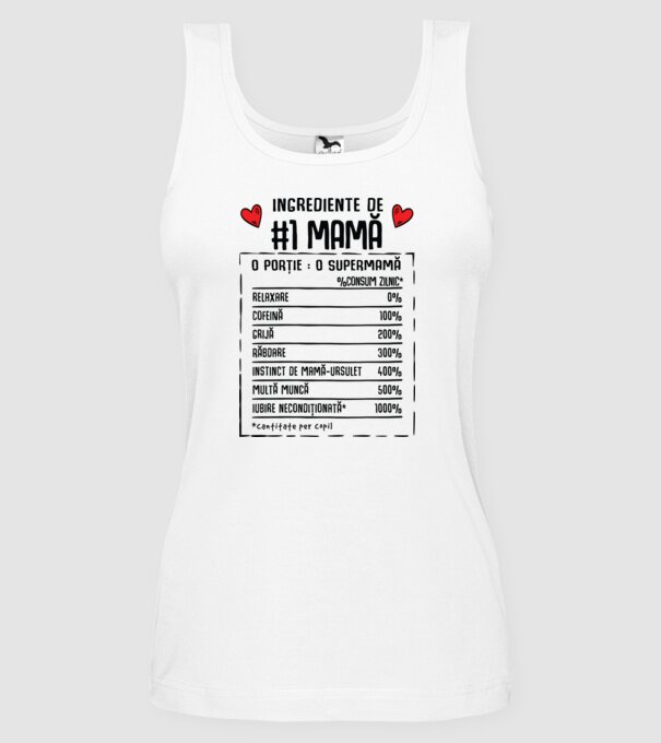 Ingrediente de Mamă - o porție : o supermamă - %consum zilnic* relaxare, cofeină, grijă, răbdare, instinct de mamă-ursuleț, mult model alb pe tricou