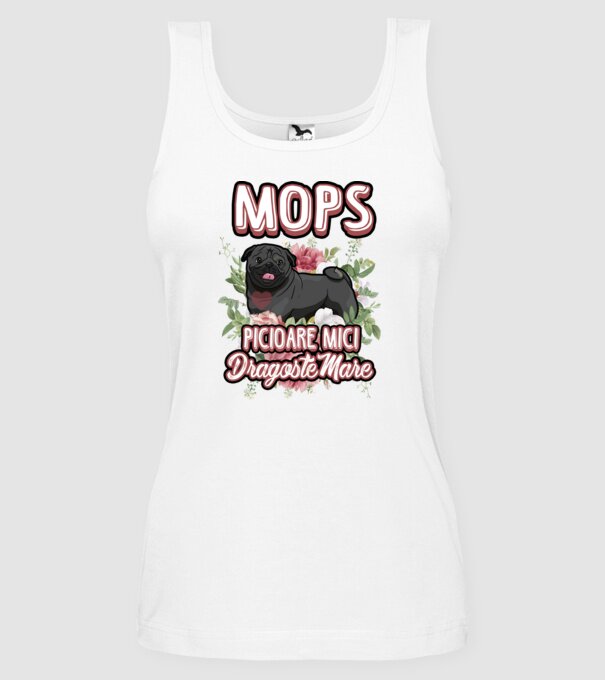 Mops negru picioare mici dragoste mare model alb pe tricou
