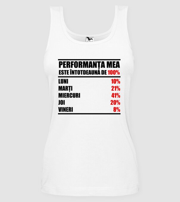 performanța mea este întotdeauna de 100% : luni, marți, miercuri, joi, vineri model alb pe tricou