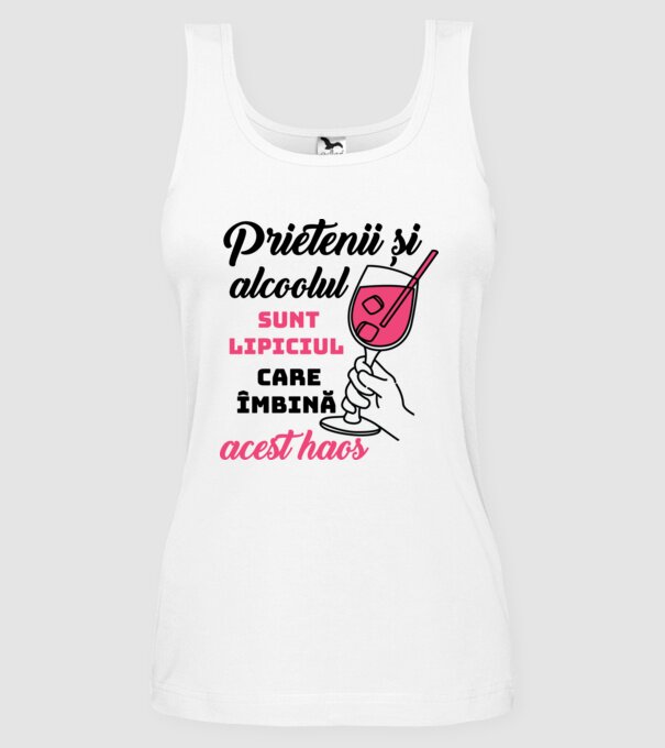 Prietenii și alcoolul sunt lipiciul care îmbină acest haos model alb pe tricou