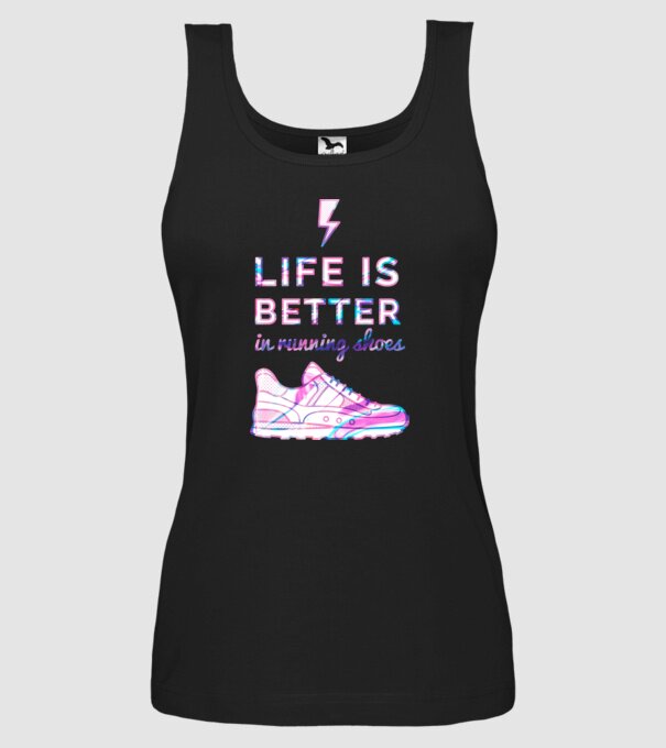 Life is better running shoes HOLO model negru pe tricou