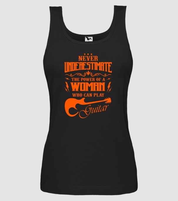 Never underestimate the power of a guitar woman model negru pe tricou