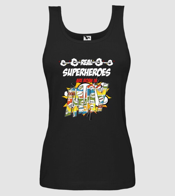 real superheroes are born in may model negru pe tricou