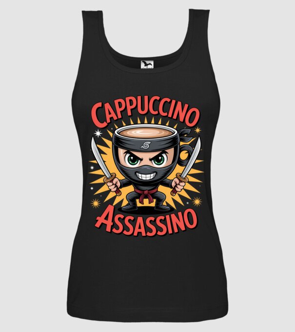 Cappuccino Assasino model negru pe tricou