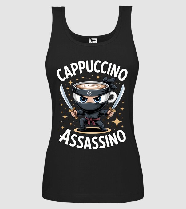 Cappuccino Assassino model negru pe tricou